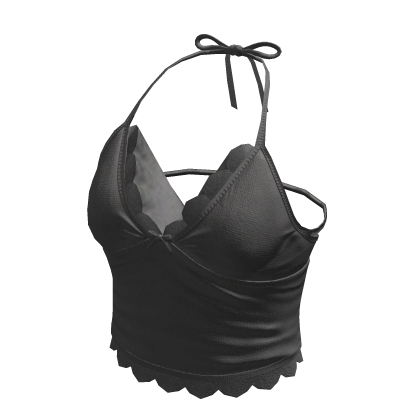 Ruched Halter Top with Ruffle Trim (Black)