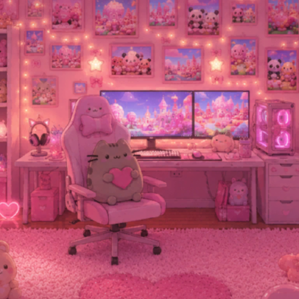 Cute Pink Kawaii Soft Pusheen Girl Gaming Room