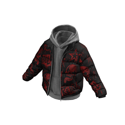 Grey Hoodie w Red REBEL Print Black Puffer Jacket