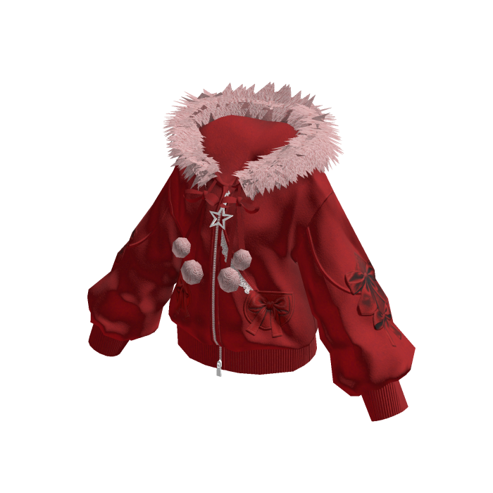 Hooded Jacket with Pom-Pom Ties (Red)