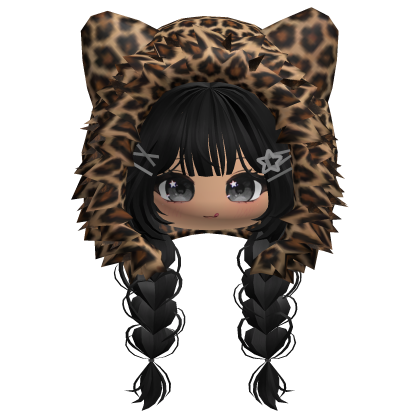 🍀Cute Girl Braided w/ Leopard Fur Hood(Black) Roblox item
