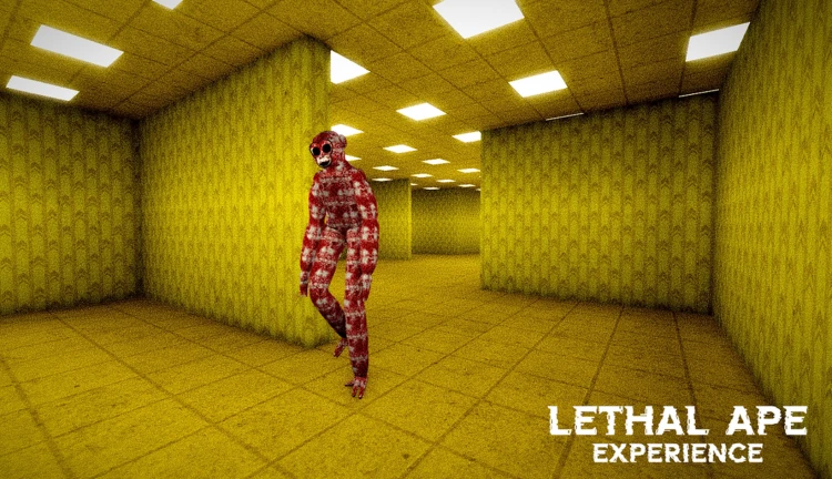 ภาพโปรโมตทางการ Lethal Ape Experience แสดงลิงสีแดงในเขาวงกต Backrooms สีเหลือง