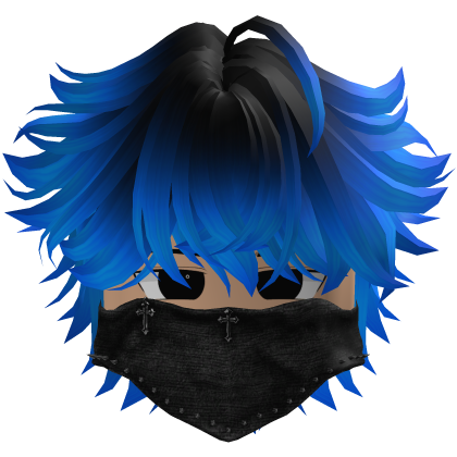 messy fluffy anime hair with a Y2K mask (Blue)