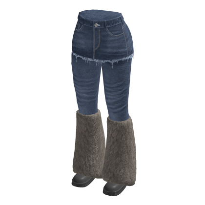 Distressed Flared Jeans Skirt Fur Boots (Blue)