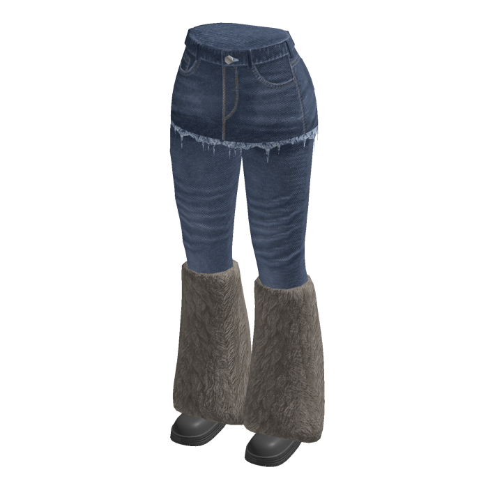 Distressed Flared Jeans Skirt Fur Boots (Blue)
