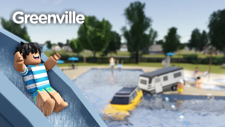 ภาพพรีวิวทางการ Greenville แสดงสไลเดอร์น้ำ เต็นท์ พื้นที่นั่งเล่น และต้นไม้