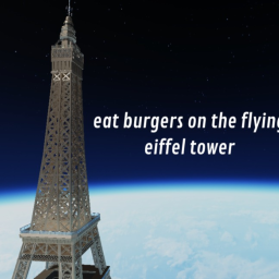 eat burger on flying eiffel tower