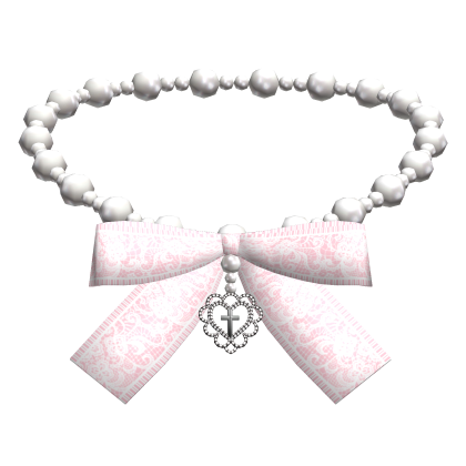 White Heart Pearl Necklace w Pink Bow & Cross Roblox item