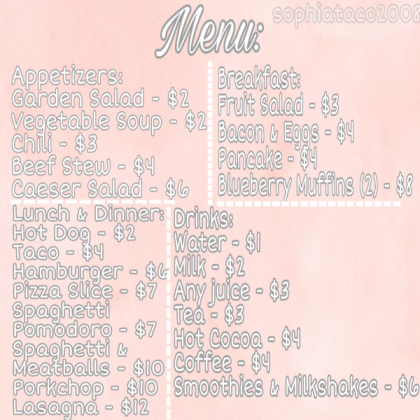 Seashell Cafeteria MENU Bloxburg Roblox decal