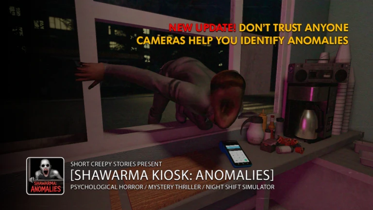 Scary Shawarma Kiosk Roblox gameplay showing a dimly lit night-shift counter