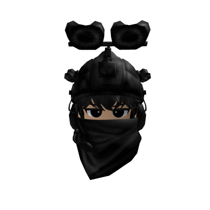 Tactical Military Helmet w Black Messy Hair n Mask Roblox item