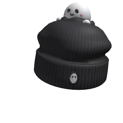 Cute Black Knit Beanie w/ Peeking Ghost Kawaii