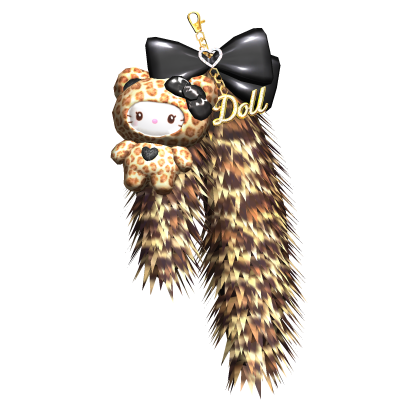 Leopard Gyaru Kitty Plushie Fur Keychain Black Bow thumbnail