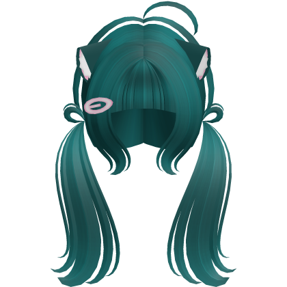 Cute Kitty Pigtails w/ Ears And Clip (Dark Teal)