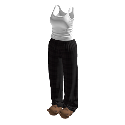 Stylish Black Plaid Pyjama Set w Bear Slippers