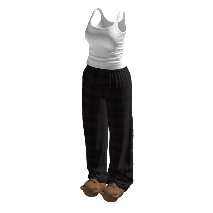 Stylish Black Plaid Pyjama Set w Bear Slippers