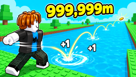 Promotional art: a Roblox character throws along a long straight river between green banks; the object skips into the distance with +1 at each splash, under a large yellow counter reading 999,999m