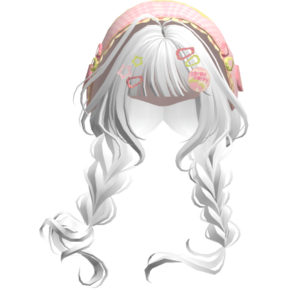 White Mori Kei Igari Braids w/ Pink & Green Bonnet Roblox item