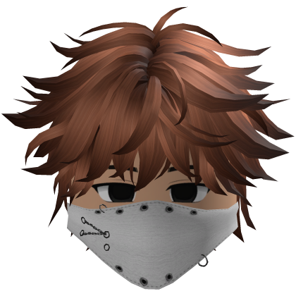 Cute emo boy, brown hair, Y2K emo mask white