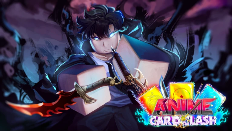 ภาพวาดโปรโมต Anime Card Clash ตัวละครดาบสีฟ้ากับโลโก้เกม