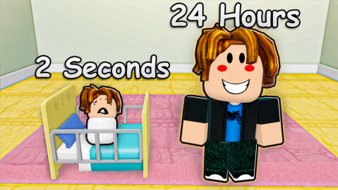 Official promotional art: a baby in a crib labelled 2 Seconds beside a grinning grown child labelled 24 Hours