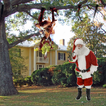 Gremlins Doing Acrobatics on a Tree next to Santa