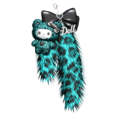 Teal Scene Kitty Plushie Fur Keychain Black Bow thumbnail
