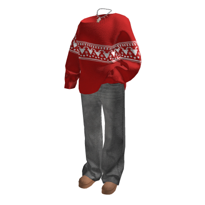 Christmas Red Off-shoulder Sweater Jeans Outfit thumbnail