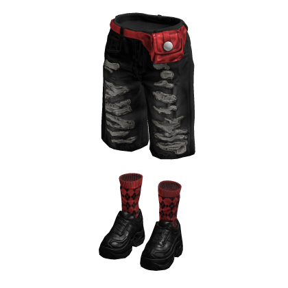 Denim Teared Stylish Jorts (Black Red)