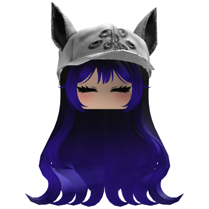 Fluffy emo black and blue hair white cat cap y2k