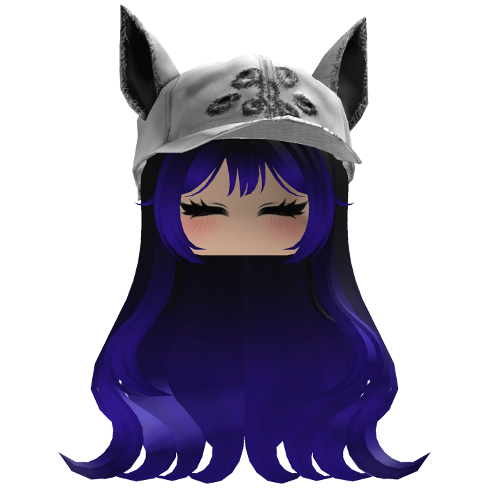 Fluffy emo black and blue hair white cat cap y2k