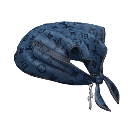 Tied LV Denim Bandana Hat with Cross Chain