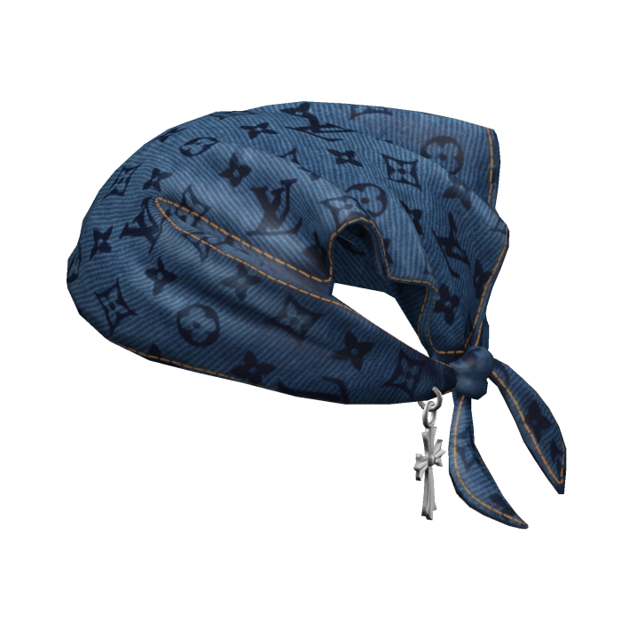 Tied LV Denim Bandana Hat with Cross Chain