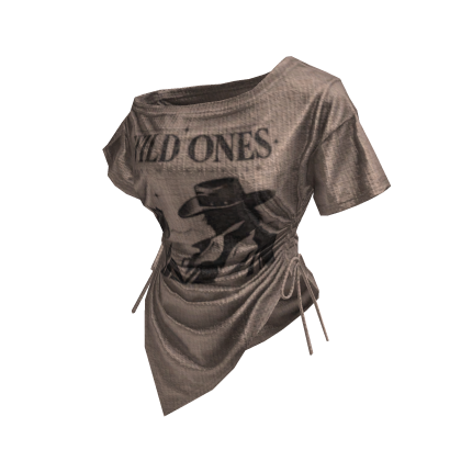 Beige Off Shoulder Sinched Graphic Tee