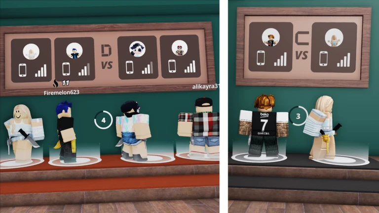 ภาพเกมทางการ Murderers VS Sheriffs DUELS: หน้าจอแบ่งสองทีมก่อนแข่ง มีคำว่า VS รายชื่อตัวละคร และไอคอนสถานะ
