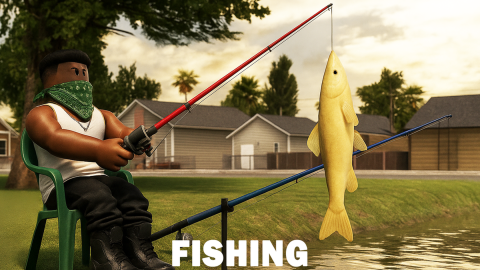 A character in a green bandana sits in a lawn chair and reels in a large yellow fish by a lake lined with houses