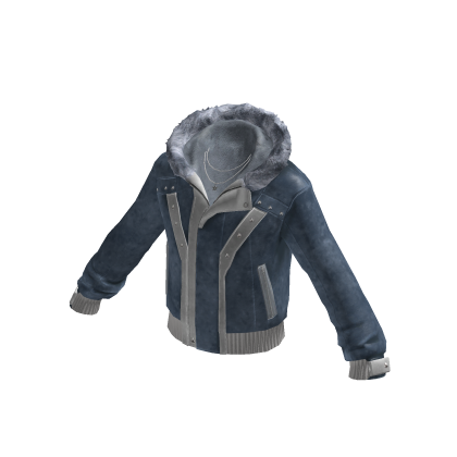 Y2K Leather Jacket w/ Fur Hood & Chain (Blue)