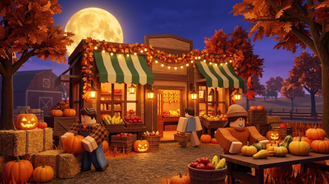 Halloween farm market with jack-o'-lanterns under a full moon