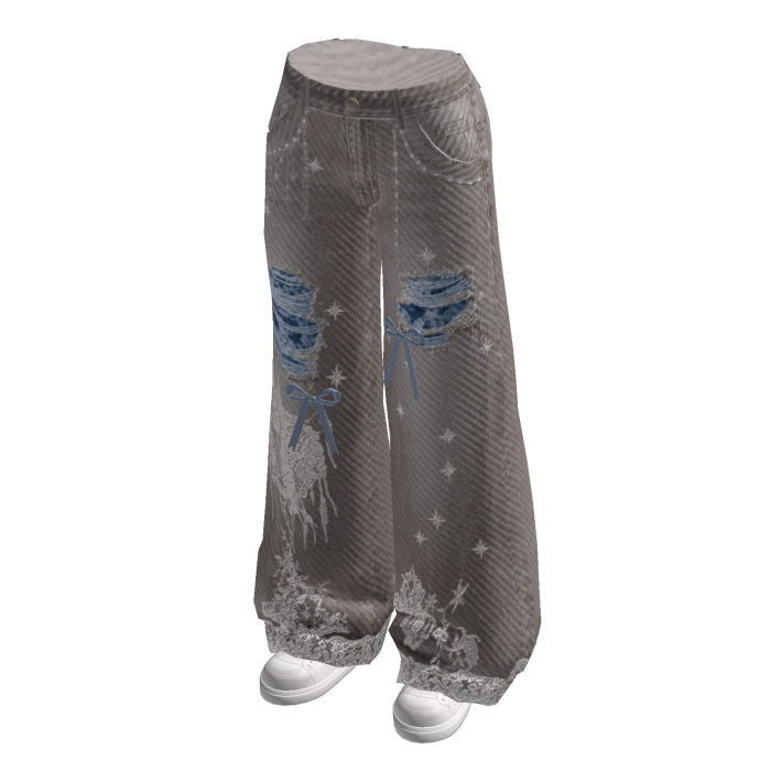Ripped Wide-Leg Jeans with Hem Print (Gray)