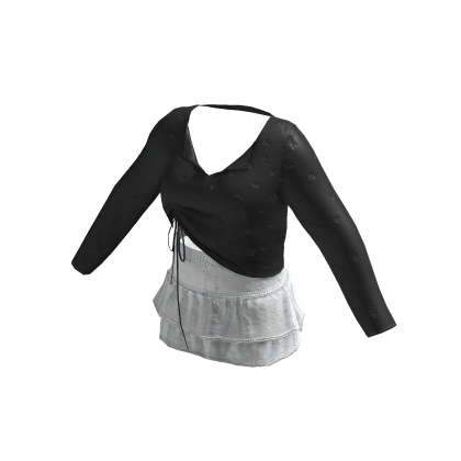 Floral Crop & Denim Skirt(black/white)[fendudu] thumbnail