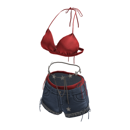 Star Belt Denim Shorts Outfit (Red) thumbnail