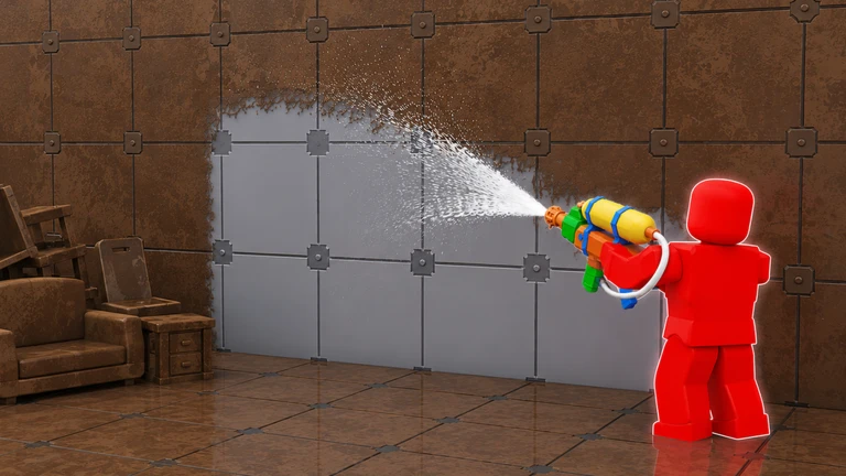 ภาพพรีวิวทางการมีตัวละคร Roblox สีแดงหันหลัง ใช้เครื่องฉีดน้ำกับผนังแผ่นสีน้ำตาล เผยพื้นที่สีเทาอ่อน โดยมีเฟอร์นิเจอร์สีน้ำตาลอยู่ซ้าย