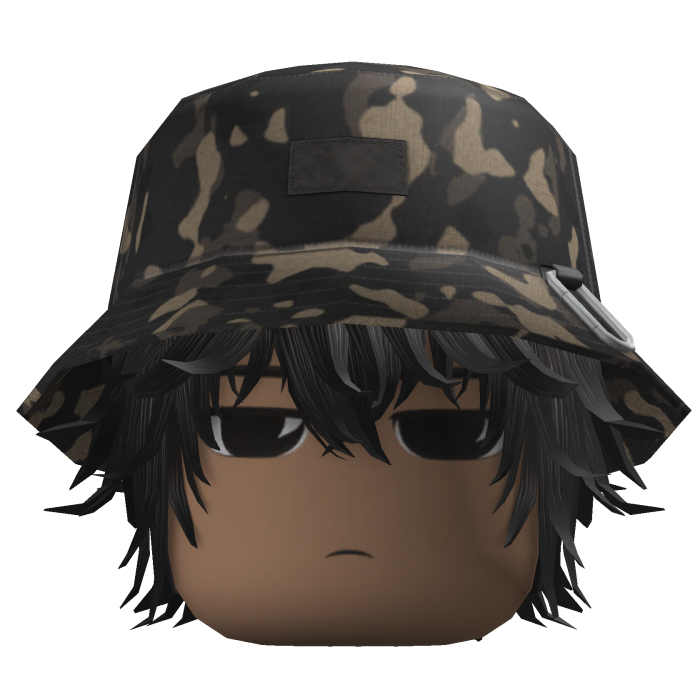 Messy Anime Hair w/ Camo Bucket Hat (Dark Brown)
