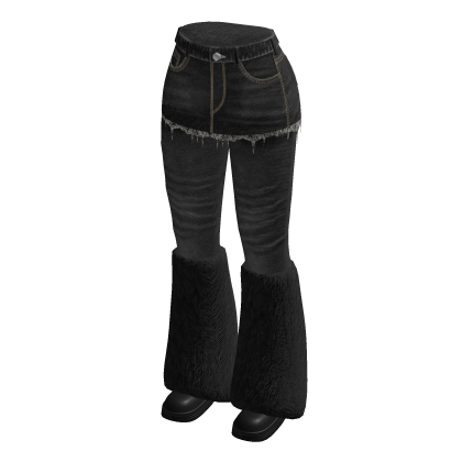 Distressed Flared Jeans Skirt Fur Boots (Black)