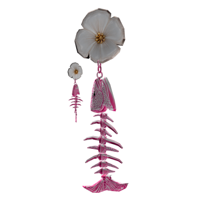 White Flower Pink Crystal Fishbone Earrings