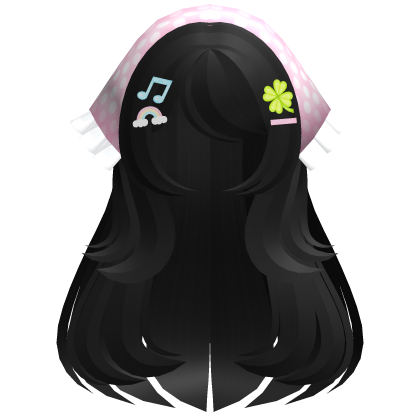 ♡ kawaii black long hair w pink headkerchief
