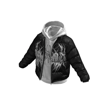 White Hoodie w/ White Print Black Puffer Jacket