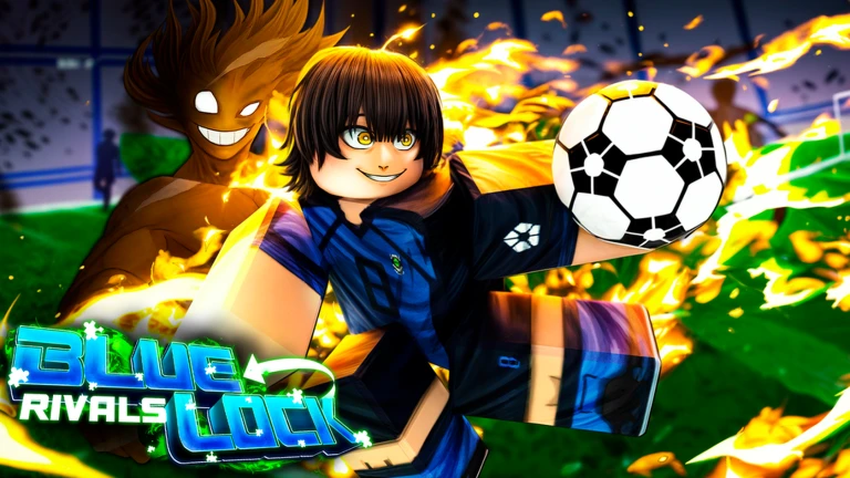 ภาพพรีวิวทางการ Blue Lock: Rivals: ตัวละครชุดฟุตบอลสีน้ำเงินอยู่กลางภาพพร้อมลูกฟุตบอลและเอฟเฟกต์ไฟสีเหลือง โดยมีเงาตัวละครขนาดใหญ่อยู่ด้านหลัง