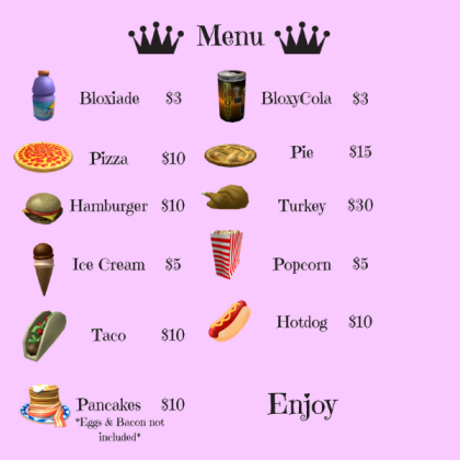 Cafe Menu Roblox