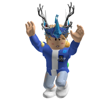 Roblox community avatar in blue and white clothing with a dramatic antler-style head accessory, used as outfit styling inspiration